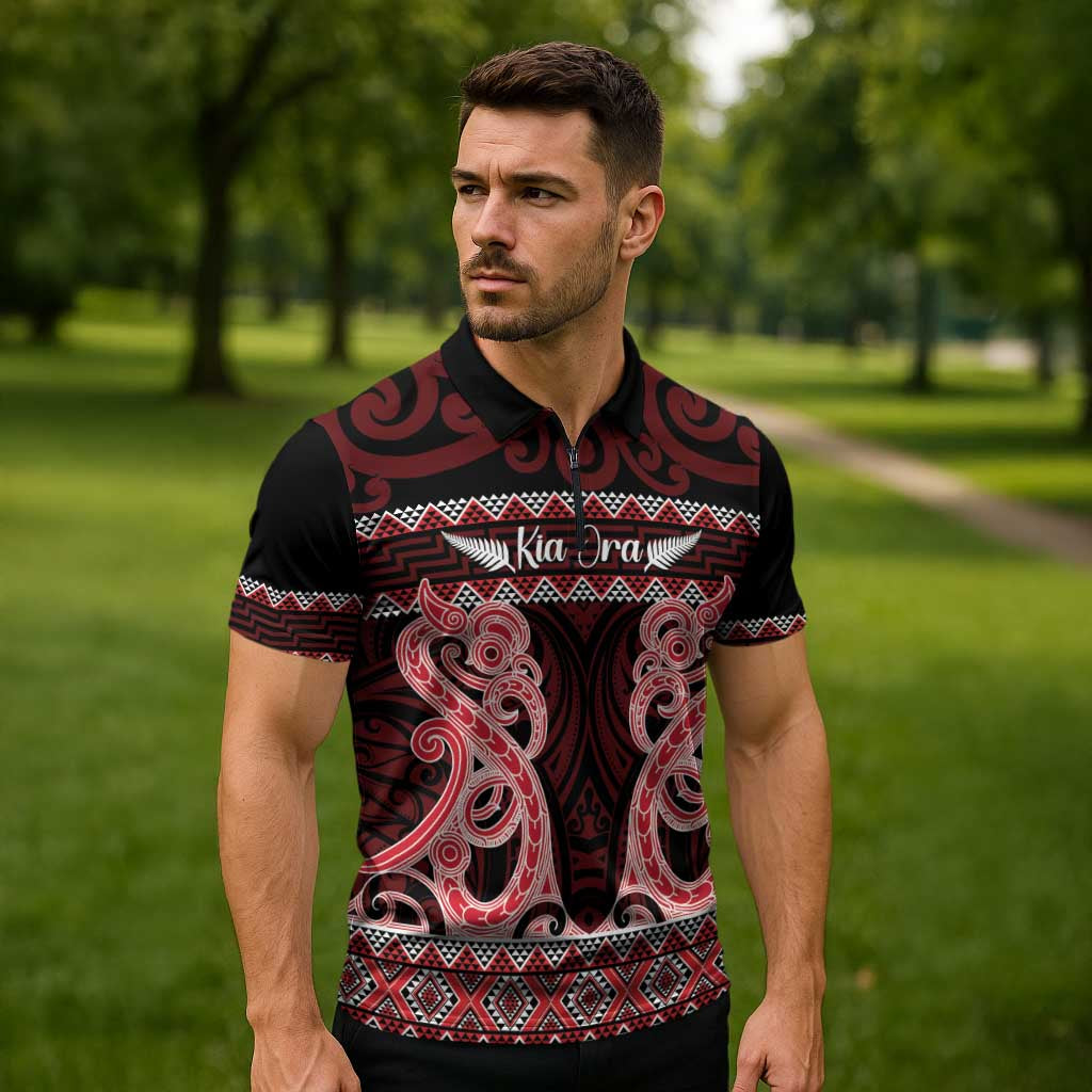Kia Ora New Zealand Zipper Polo Shirt Maori Language Week Whero Taniko Motif - Vibe Hoodie