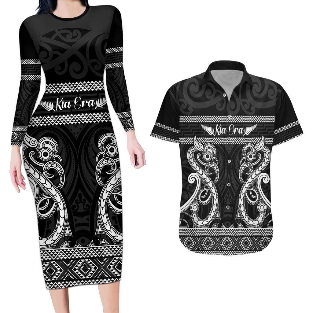 Kia Ora New Zealand Couples Matching Long Sleeve Bodycon Dress and Hawaiian Shirt Maori Language Week Pango Taniko Motif - Vibe Hoodie