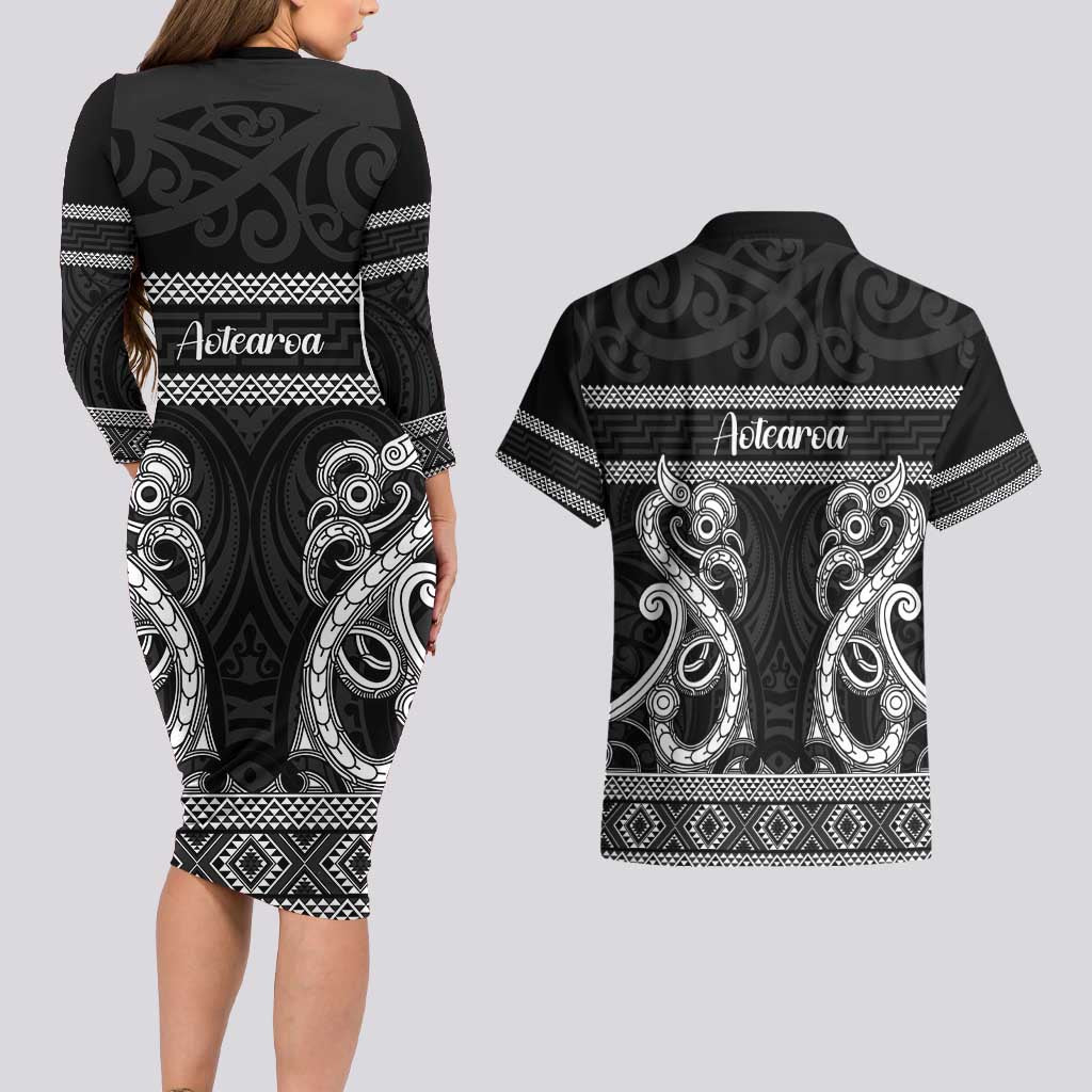 Kia Ora New Zealand Couples Matching Long Sleeve Bodycon Dress and Hawaiian Shirt Maori Language Week Pango Taniko Motif - Vibe Hoodie