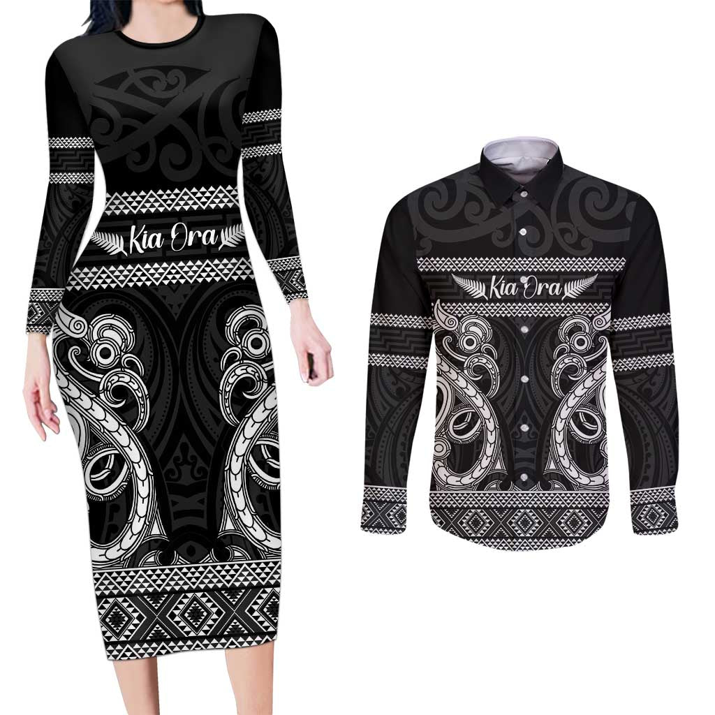 Kia Ora New Zealand Couples Matching Long Sleeve Bodycon Dress and Long Sleeve Button Shirt Maori Language Week Pango Taniko Motif - Vibe Hoodie