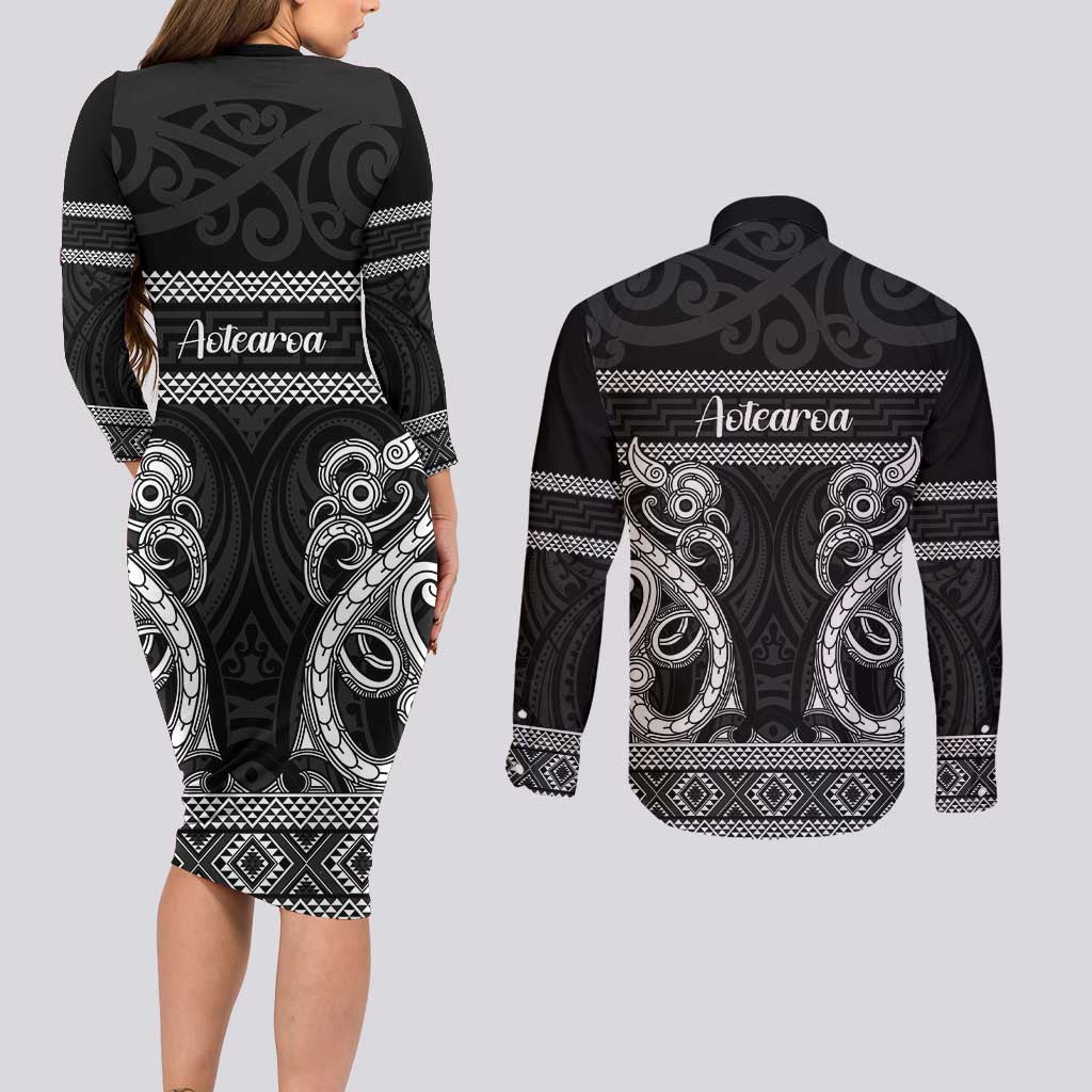 Kia Ora New Zealand Couples Matching Long Sleeve Bodycon Dress and Long Sleeve Button Shirt Maori Language Week Pango Taniko Motif - Vibe Hoodie