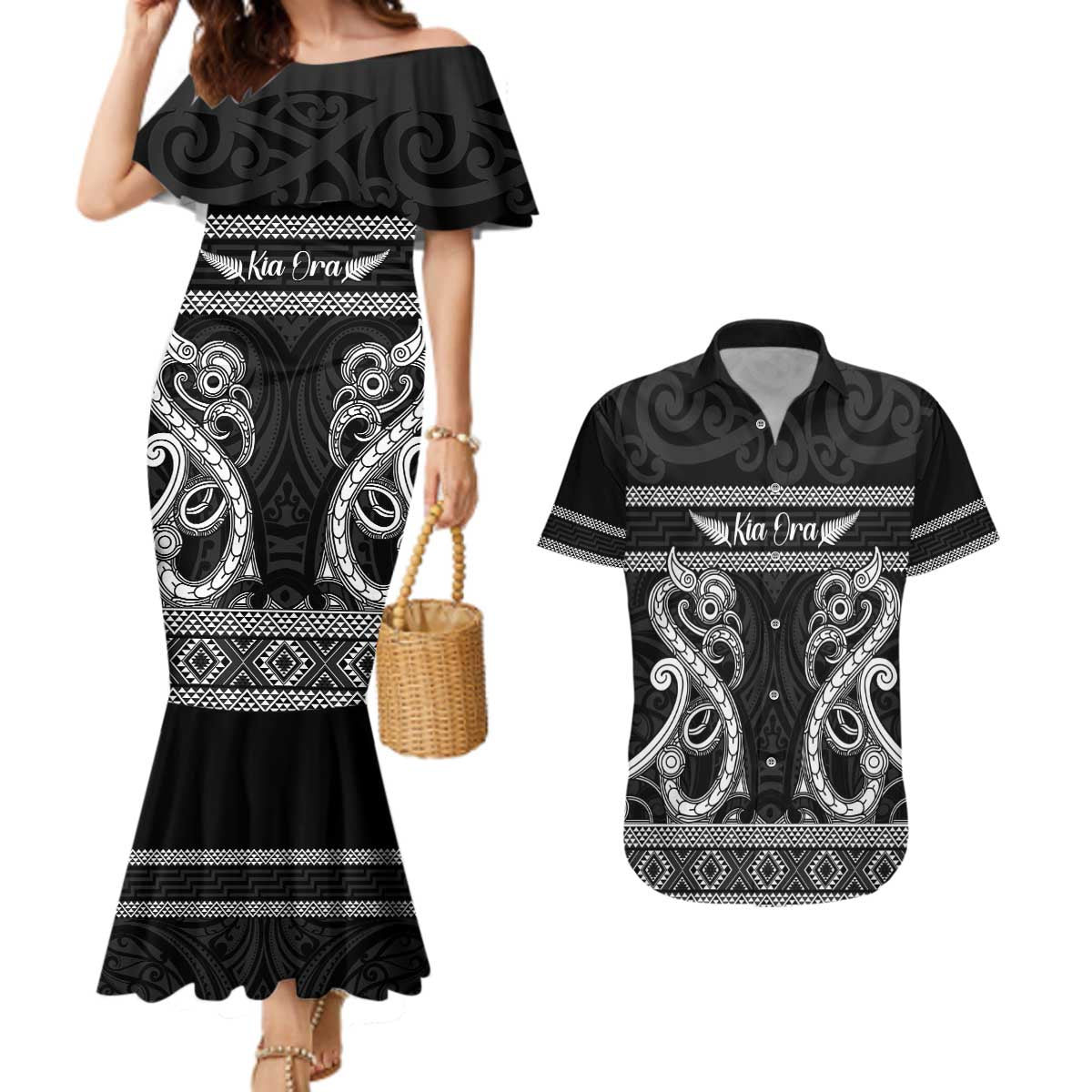 Kia Ora New Zealand Couples Matching Mermaid Dress and Hawaiian Shirt Maori Language Week Pango Taniko Motif - Vibe Hoodie