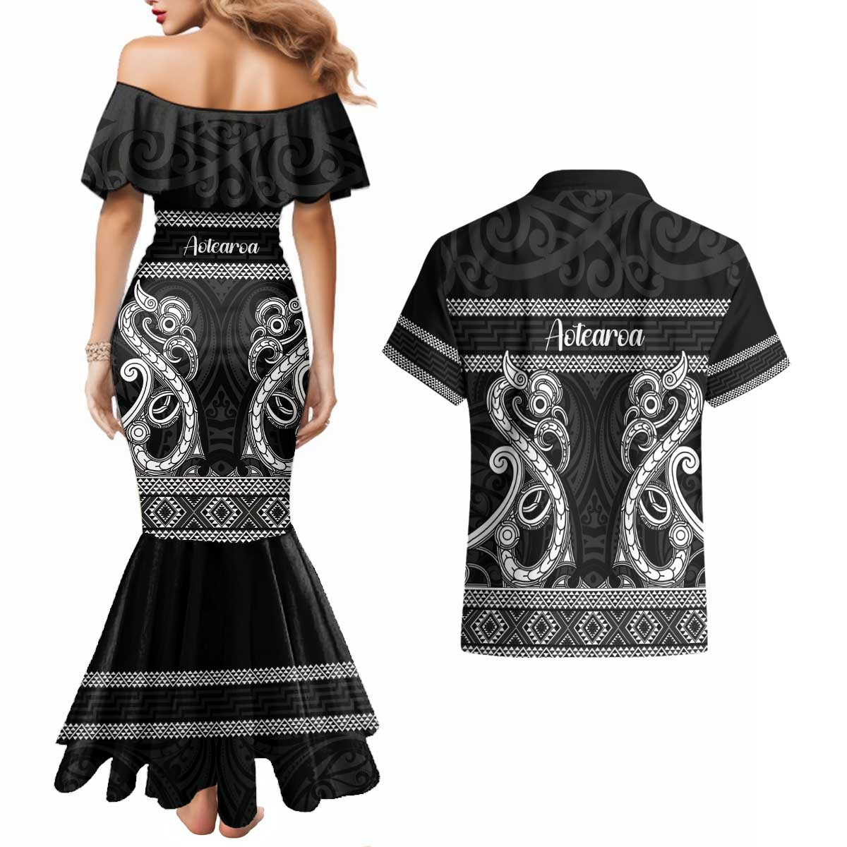 Kia Ora New Zealand Couples Matching Mermaid Dress and Hawaiian Shirt Maori Language Week Pango Taniko Motif - Vibe Hoodie