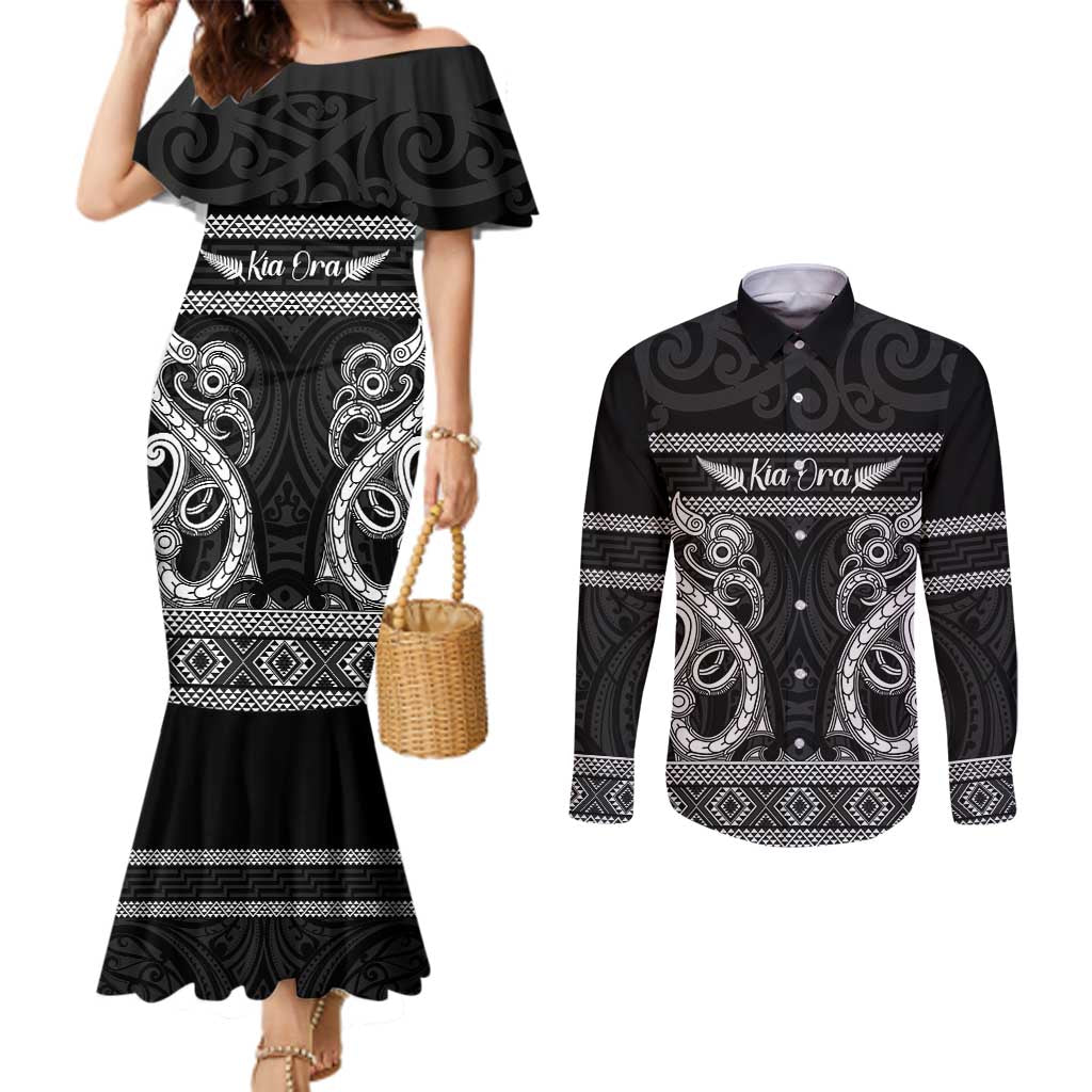 Kia Ora New Zealand Couples Matching Mermaid Dress and Long Sleeve Button Shirt Maori Language Week Pango Taniko Motif - Vibe Hoodie