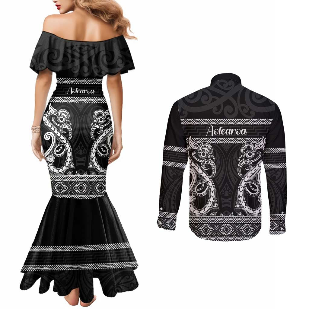 Kia Ora New Zealand Couples Matching Mermaid Dress and Long Sleeve Button Shirt Maori Language Week Pango Taniko Motif - Vibe Hoodie