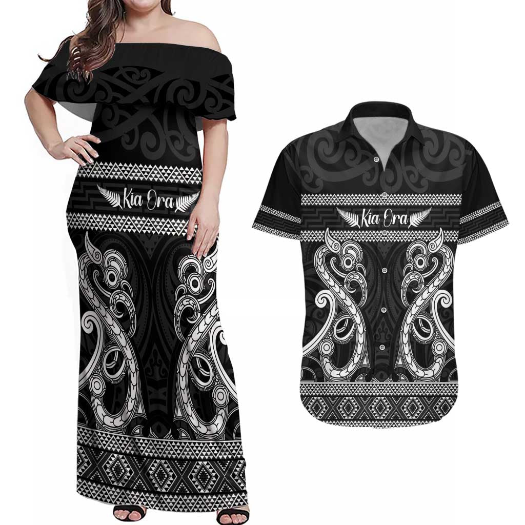 Kia Ora New Zealand Couples Matching Off Shoulder Maxi Dress and Hawaiian Shirt Maori Language Week Pango Taniko Motif - Vibe Hoodie