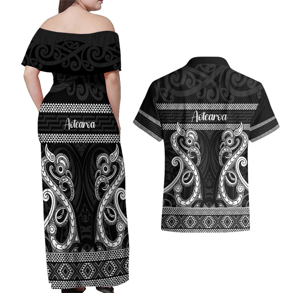Kia Ora New Zealand Couples Matching Off Shoulder Maxi Dress and Hawaiian Shirt Maori Language Week Pango Taniko Motif - Vibe Hoodie
