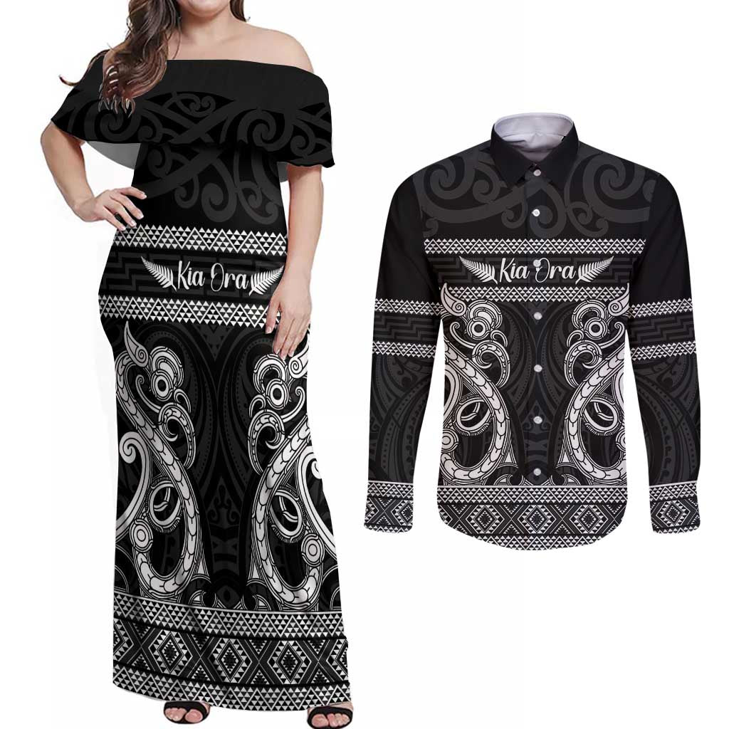 Kia Ora New Zealand Couples Matching Off Shoulder Maxi Dress and Long Sleeve Button Shirt Maori Language Week Pango Taniko Motif - Vibe Hoodie