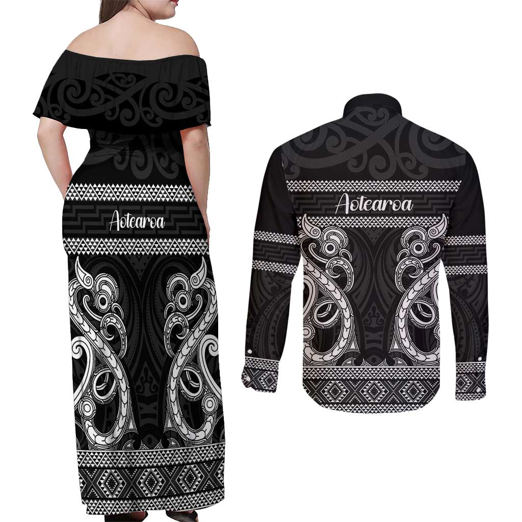 Kia Ora New Zealand Couples Matching Off Shoulder Maxi Dress and Long Sleeve Button Shirt Maori Language Week Pango Taniko Motif - Vibe Hoodie