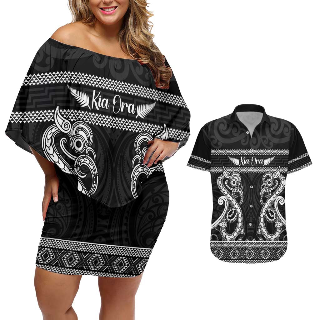 Kia Ora New Zealand Couples Matching Off Shoulder Short Dress and Hawaiian Shirt Maori Language Week Pango Taniko Motif - Vibe Hoodie