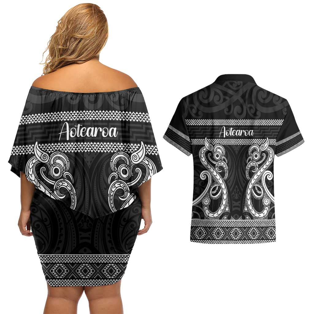Kia Ora New Zealand Couples Matching Off Shoulder Short Dress and Hawaiian Shirt Maori Language Week Pango Taniko Motif - Vibe Hoodie