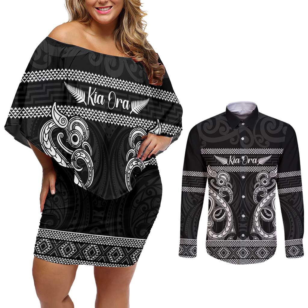 Kia Ora New Zealand Couples Matching Off Shoulder Short Dress and Long Sleeve Button Shirt Maori Language Week Pango Taniko Motif - Vibe Hoodie