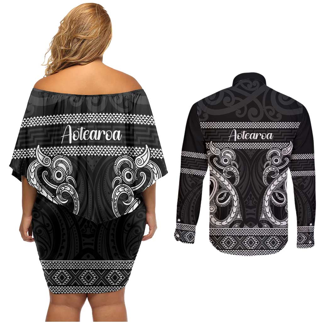 Kia Ora New Zealand Couples Matching Off Shoulder Short Dress and Long Sleeve Button Shirt Maori Language Week Pango Taniko Motif - Vibe Hoodie
