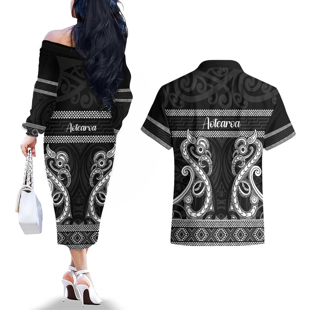 Kia Ora New Zealand Couples Matching Off The Shoulder Long Sleeve Dress and Hawaiian Shirt Maori Language Week Pango Taniko Motif - Vibe Hoodie