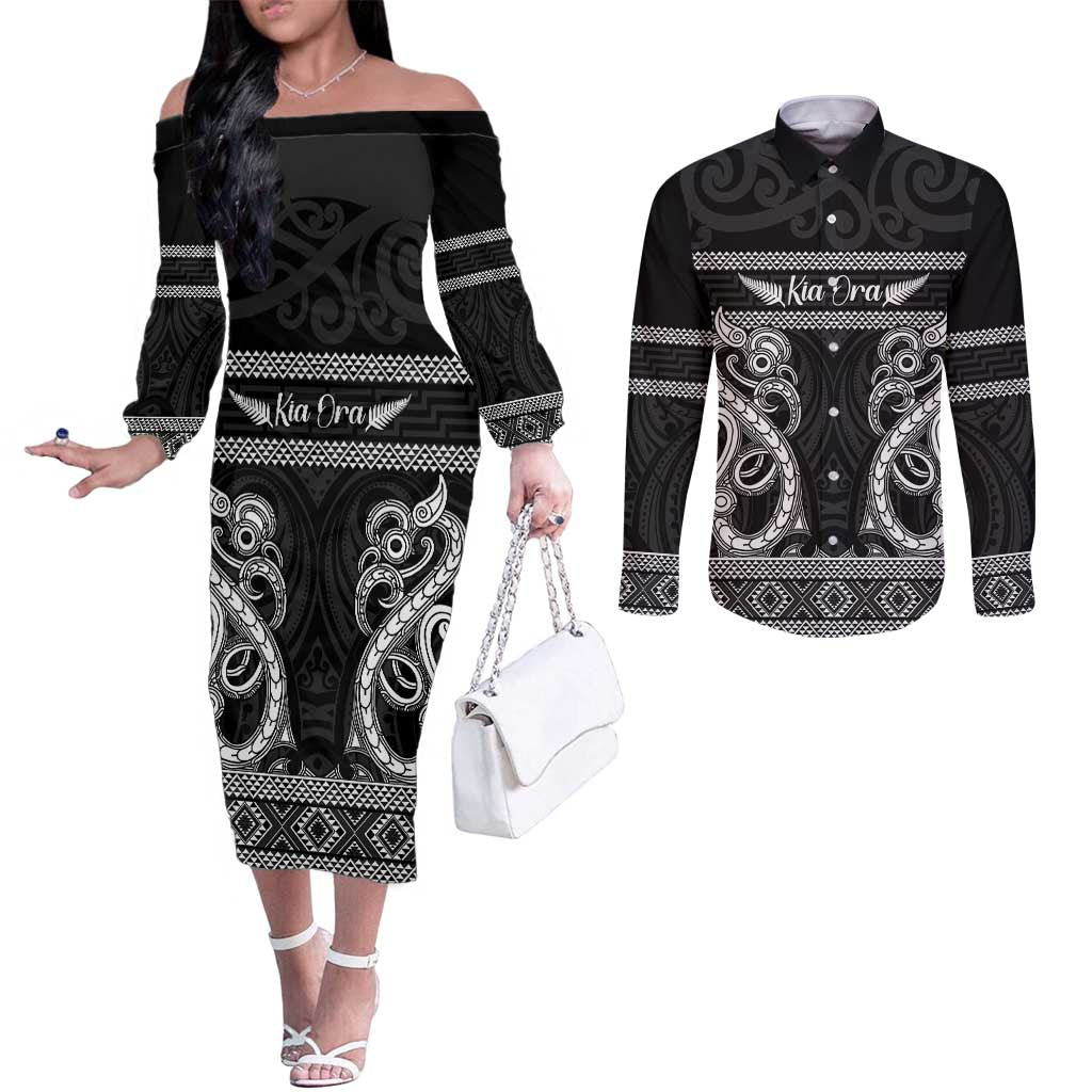 Kia Ora New Zealand Couples Matching Off The Shoulder Long Sleeve Dress and Long Sleeve Button Shirt Maori Language Week Pango Taniko Motif - Vibe Hoodie