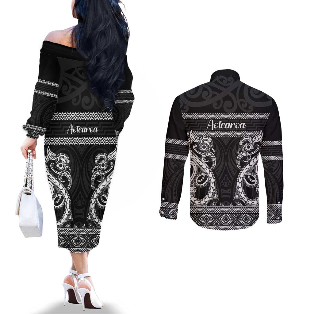 Kia Ora New Zealand Couples Matching Off The Shoulder Long Sleeve Dress and Long Sleeve Button Shirt Maori Language Week Pango Taniko Motif - Vibe Hoodie