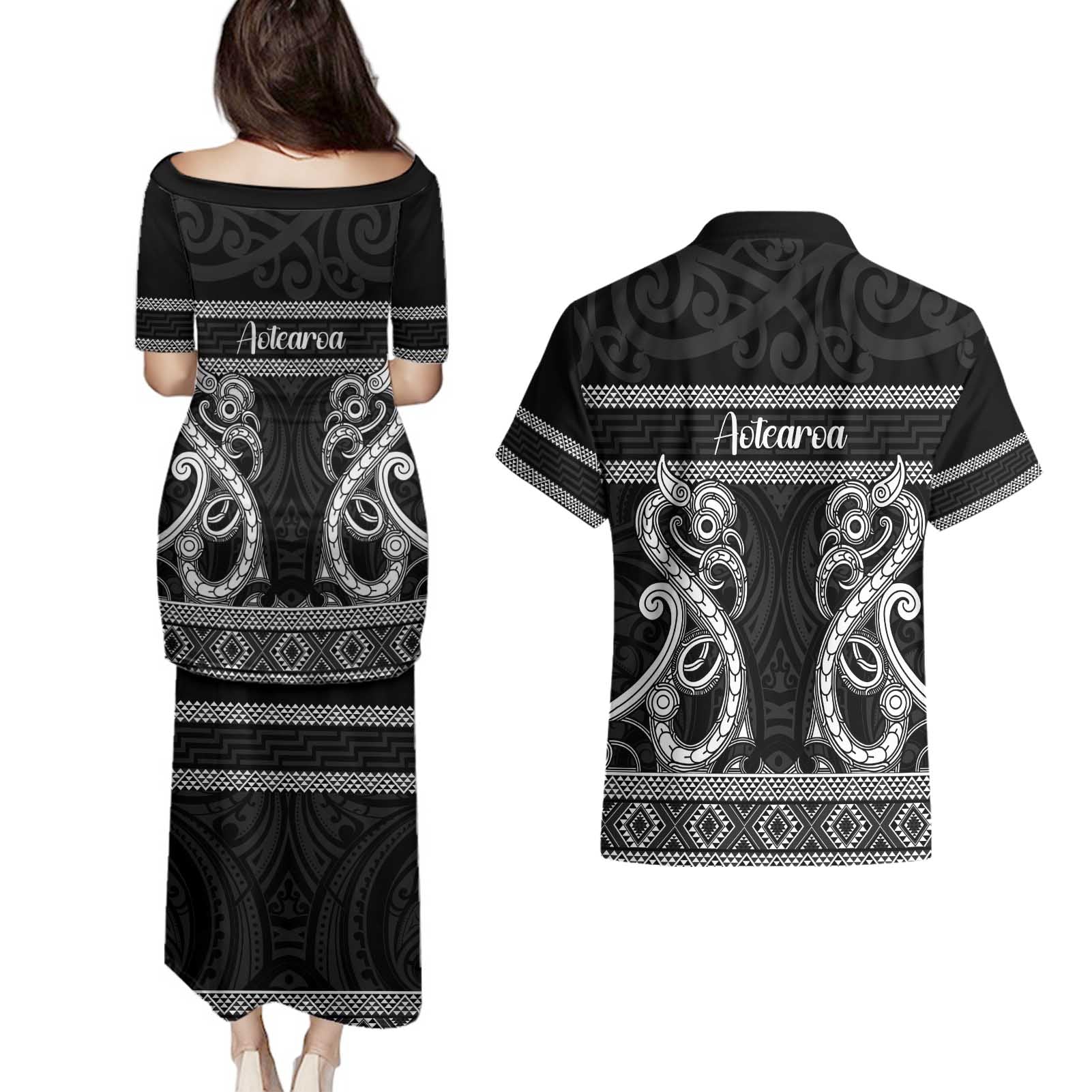 Kia Ora New Zealand Couples Matching Puletasi and Hawaiian Shirt Maori Language Week Pango Taniko Motif - Vibe Hoodie