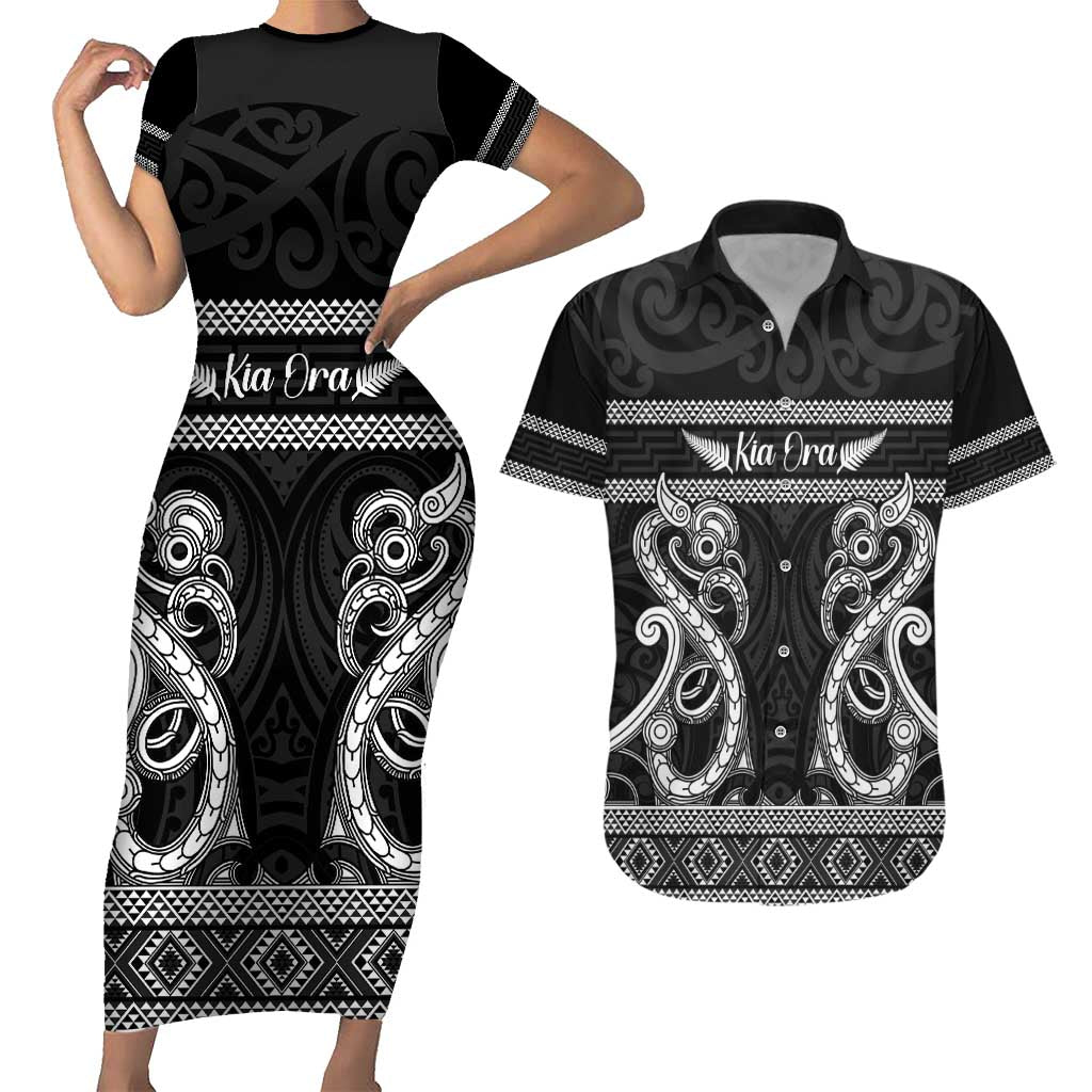 Kia Ora New Zealand Couples Matching Short Sleeve Bodycon Dress and Hawaiian Shirt Maori Language Week Pango Taniko Motif - Vibe Hoodie