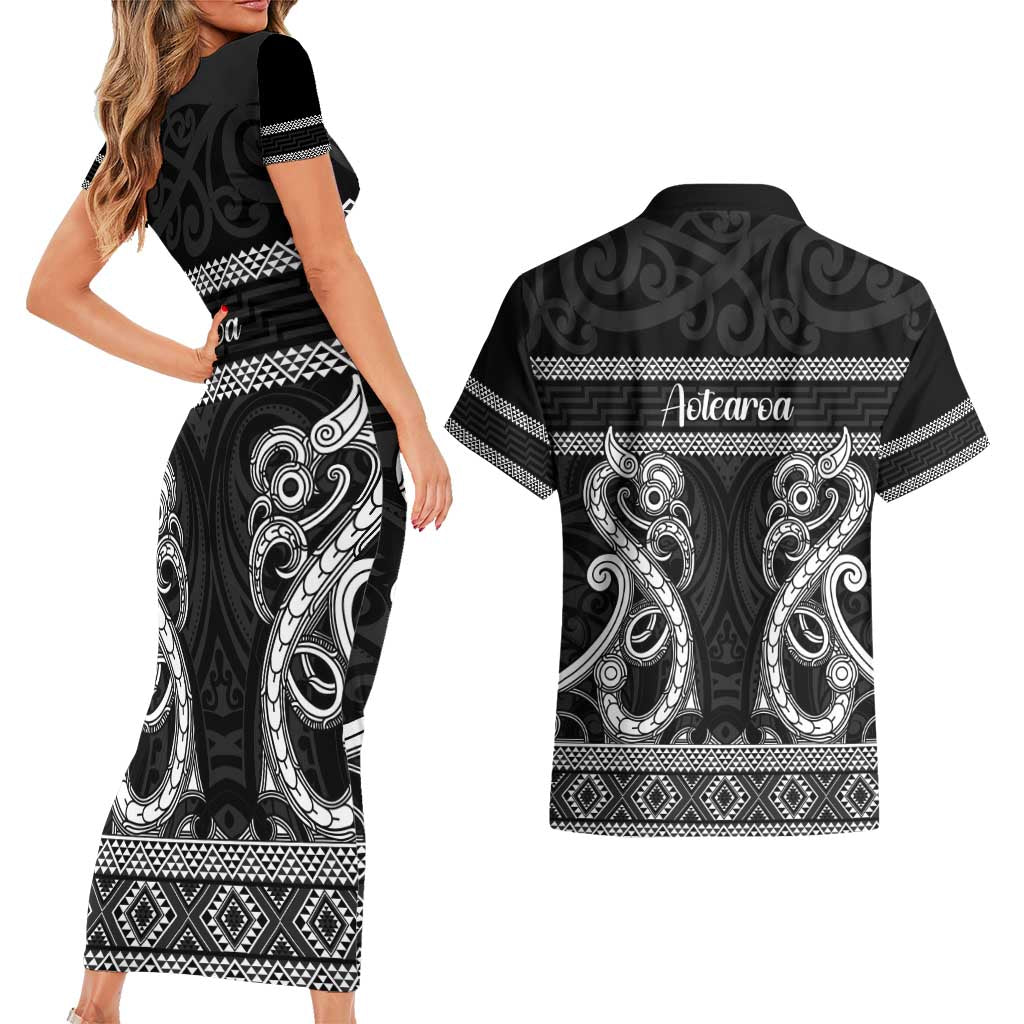 Kia Ora New Zealand Couples Matching Short Sleeve Bodycon Dress and Hawaiian Shirt Maori Language Week Pango Taniko Motif - Vibe Hoodie