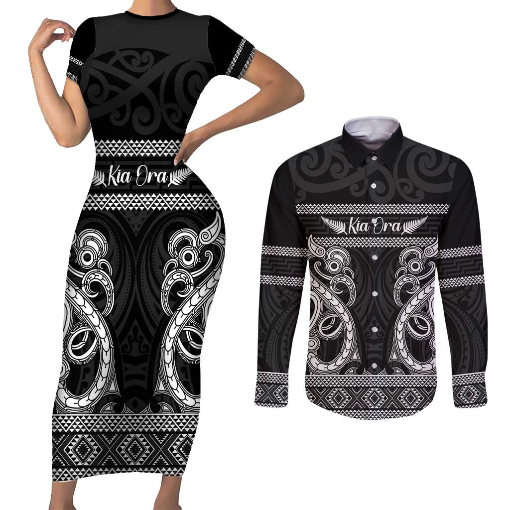 Kia Ora New Zealand Couples Matching Short Sleeve Bodycon Dress and Long Sleeve Button Shirt Maori Language Week Pango Taniko Motif - Vibe Hoodie