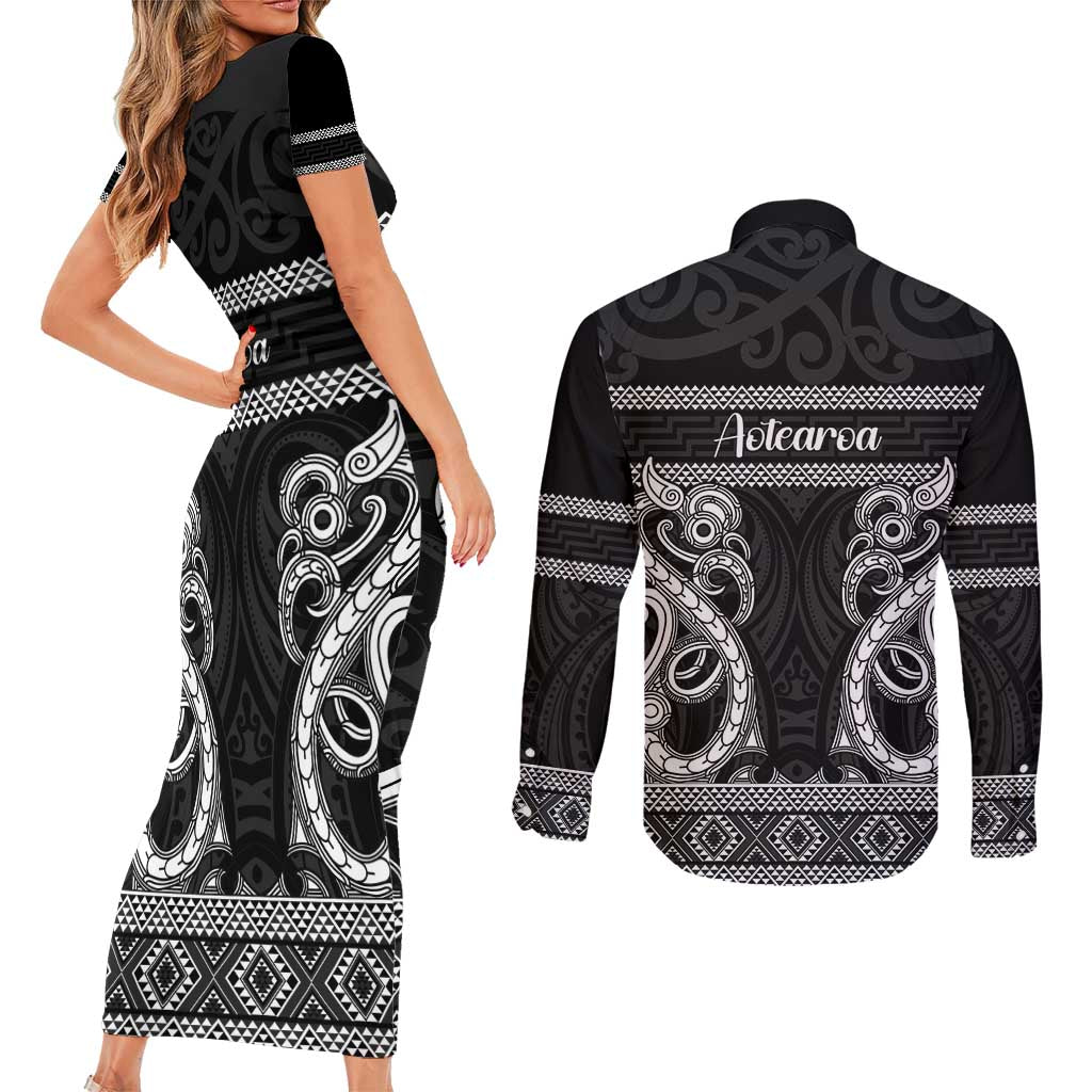 Kia Ora New Zealand Couples Matching Short Sleeve Bodycon Dress and Long Sleeve Button Shirt Maori Language Week Pango Taniko Motif - Vibe Hoodie