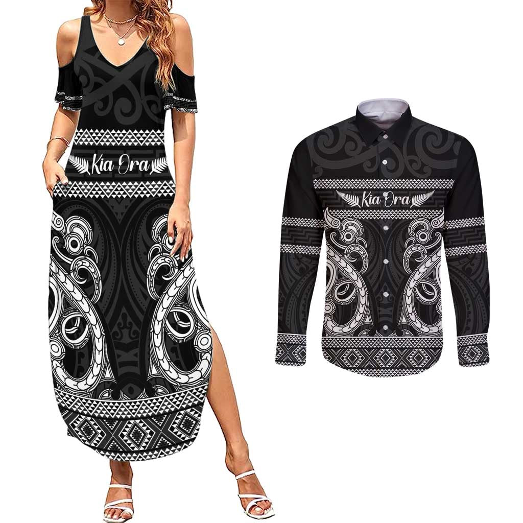 Kia Ora New Zealand Couples Matching Summer Maxi Dress and Long Sleeve Button Shirt Maori Language Week Pango Taniko Motif - Vibe Hoodie