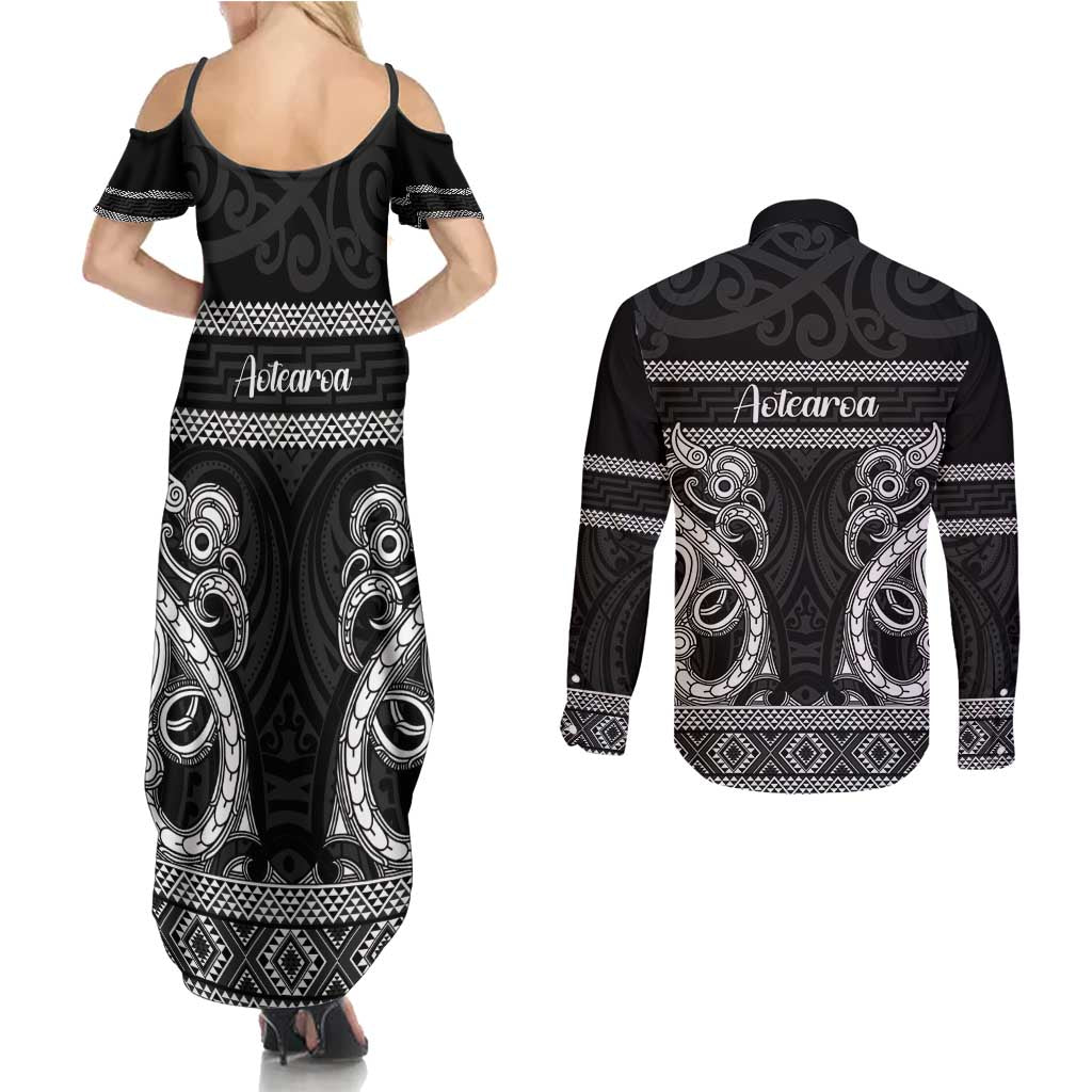 Kia Ora New Zealand Couples Matching Summer Maxi Dress and Long Sleeve Button Shirt Maori Language Week Pango Taniko Motif - Vibe Hoodie