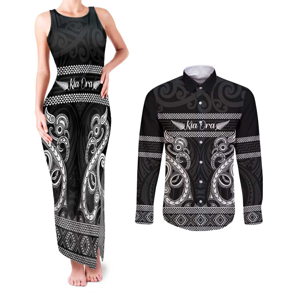 Kia Ora New Zealand Couples Matching Tank Maxi Dress and Long Sleeve Button Shirt Maori Language Week Pango Taniko Motif - Vibe Hoodie