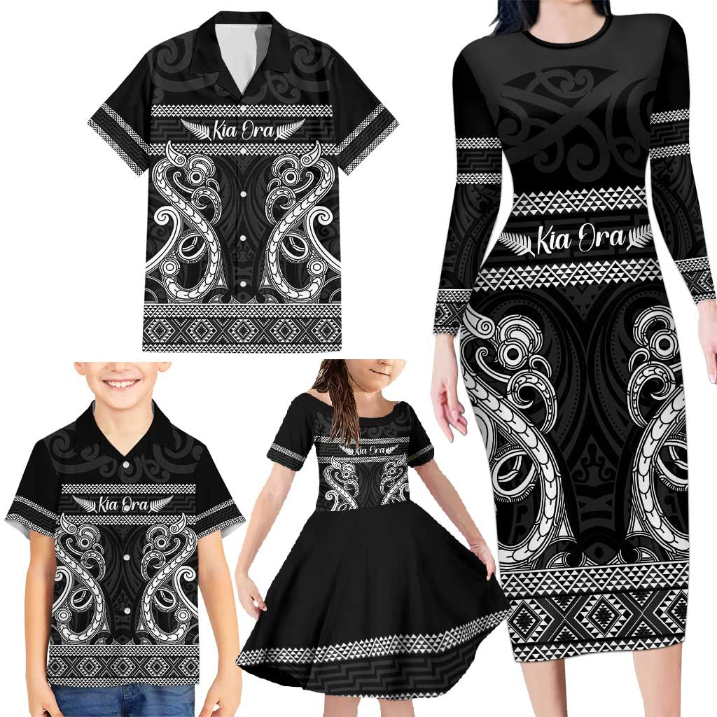 Kia Ora New Zealand Family Matching Long Sleeve Bodycon Dress and Hawaiian Shirt Maori Language Week Pango Taniko Motif - Vibe Hoodie