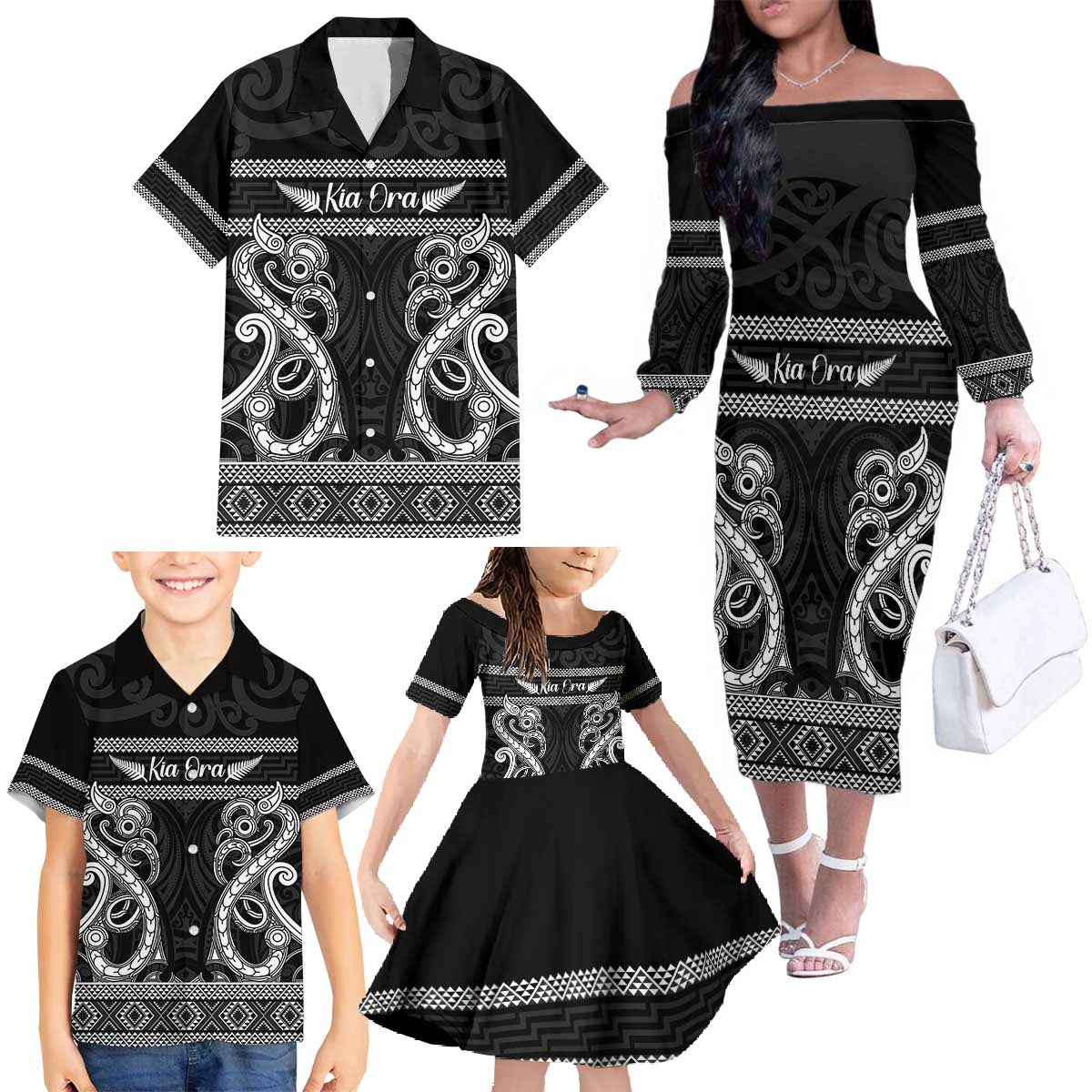 Kia Ora New Zealand Family Matching Off The Shoulder Long Sleeve Dress and Hawaiian Shirt Maori Language Week Pango Taniko Motif - Vibe Hoodie