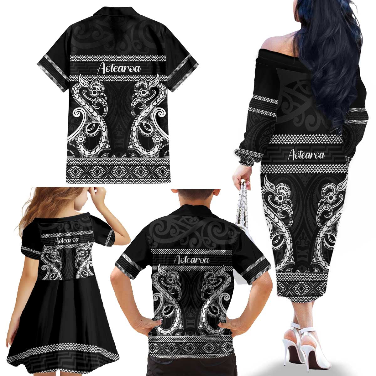 Kia Ora New Zealand Family Matching Off The Shoulder Long Sleeve Dress and Hawaiian Shirt Maori Language Week Pango Taniko Motif - Vibe Hoodie