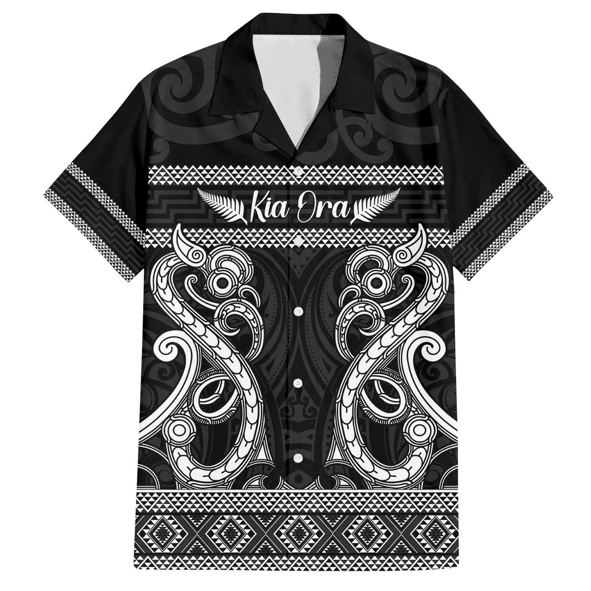 Kia Ora New Zealand Family Matching Off The Shoulder Long Sleeve Dress and Hawaiian Shirt Maori Language Week Pango Taniko Motif - Vibe Hoodie