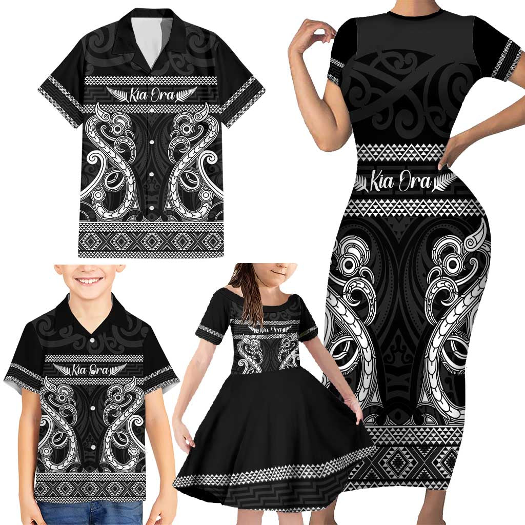 Kia Ora New Zealand Family Matching Short Sleeve Bodycon Dress and Hawaiian Shirt Maori Language Week Pango Taniko Motif - Vibe Hoodie