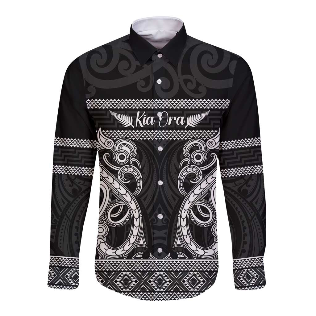 Kia Ora New Zealand Long Sleeve Button Shirt Maori Language Week Pango Taniko Motif - Vibe Hoodie