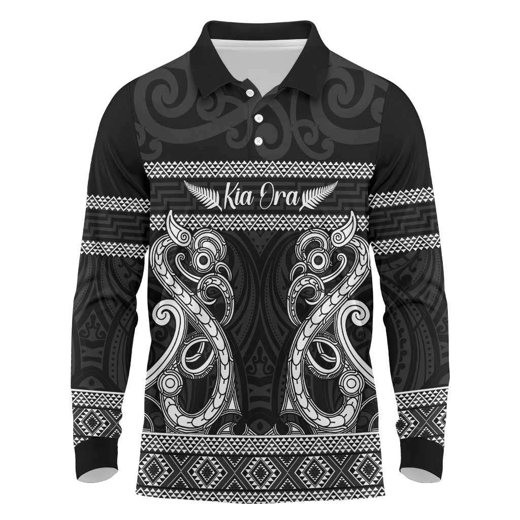 Kia Ora New Zealand Long Sleeve Polo Shirt Maori Language Week Pango Taniko Motif - Vibe Hoodie