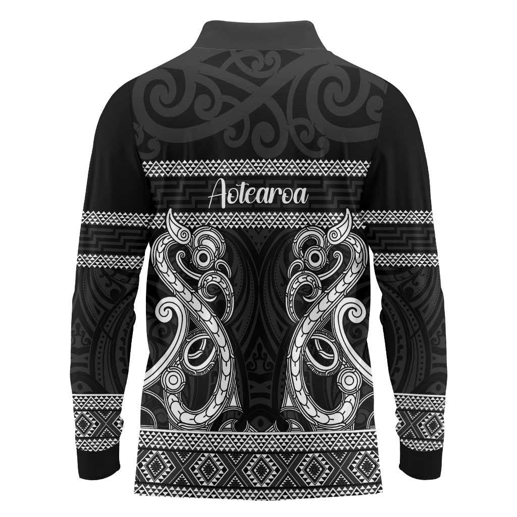 Kia Ora New Zealand Long Sleeve Polo Shirt Maori Language Week Pango Taniko Motif - Vibe Hoodie