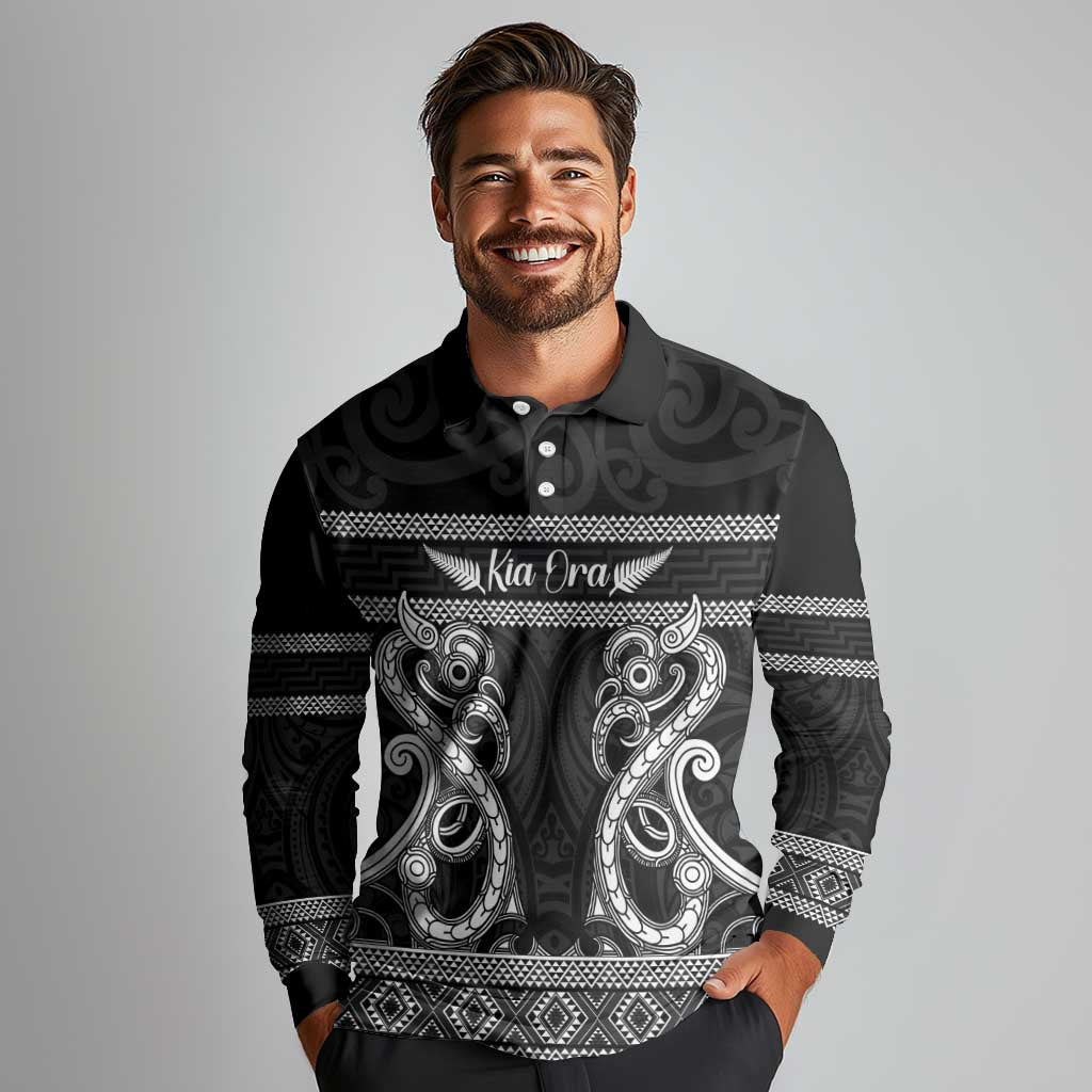 Kia Ora New Zealand Long Sleeve Polo Shirt Maori Language Week Pango Taniko Motif - Vibe Hoodie