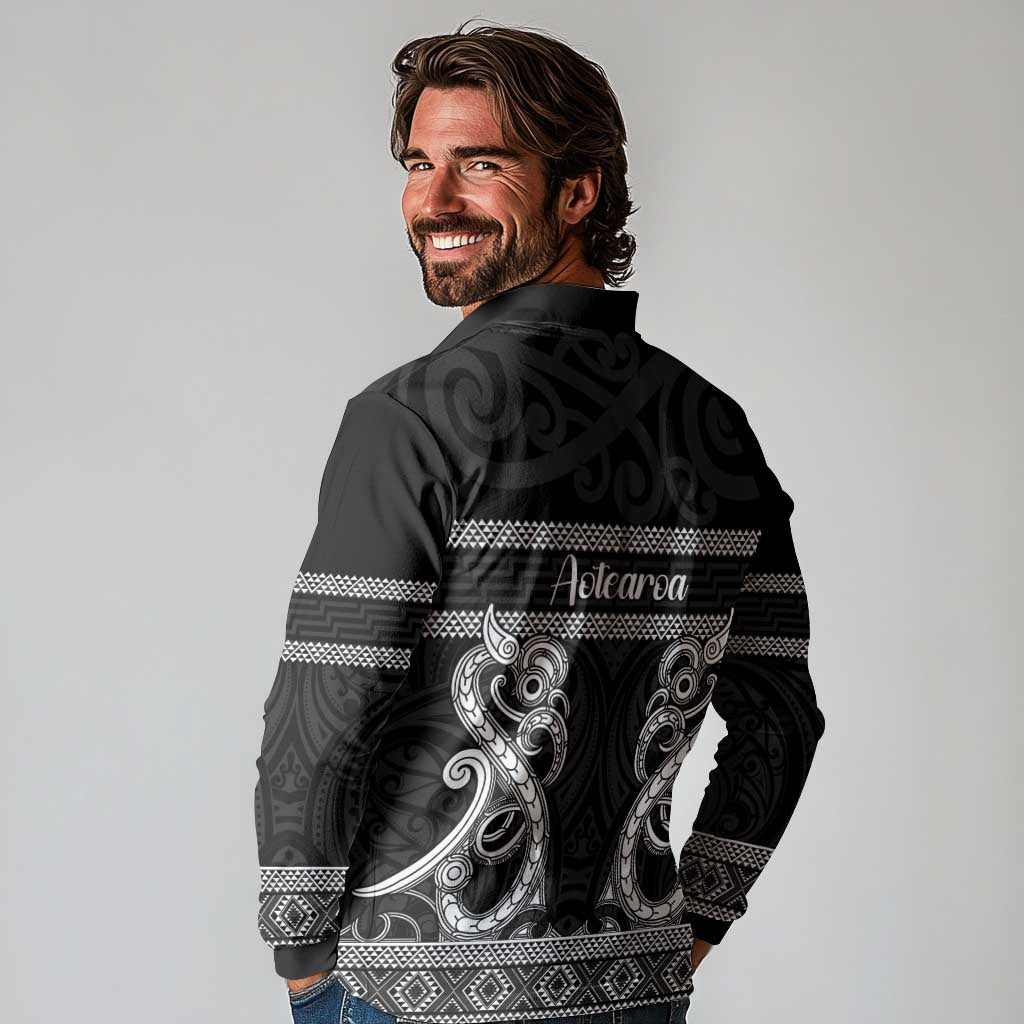 Kia Ora New Zealand Long Sleeve Polo Shirt Maori Language Week Pango Taniko Motif - Vibe Hoodie