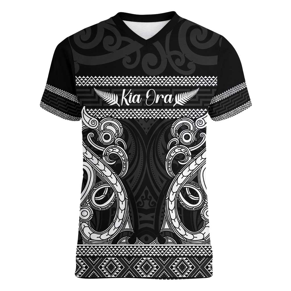 Kia Ora New Zealand Women V-Neck T-Shirt Maori Language Week Pango Taniko Motif - Vibe Hoodie