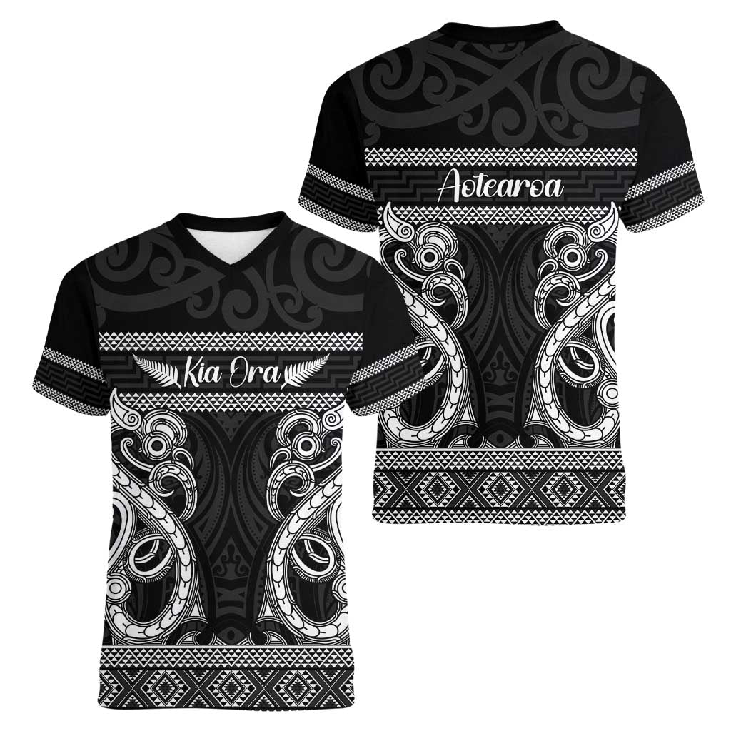 Kia Ora New Zealand Women V-Neck T-Shirt Maori Language Week Pango Taniko Motif - Vibe Hoodie