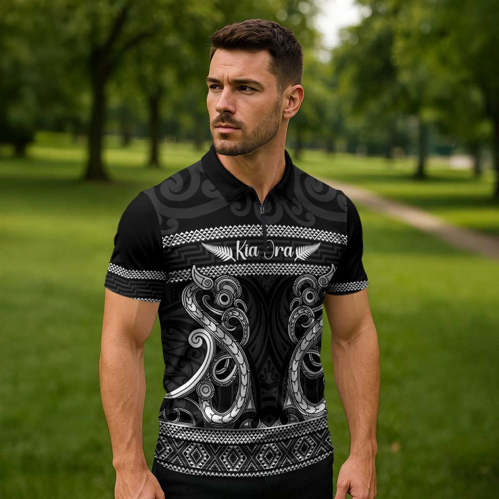 Kia Ora New Zealand Zipper Polo Shirt Maori Language Week Pango Taniko Motif - Vibe Hoodie