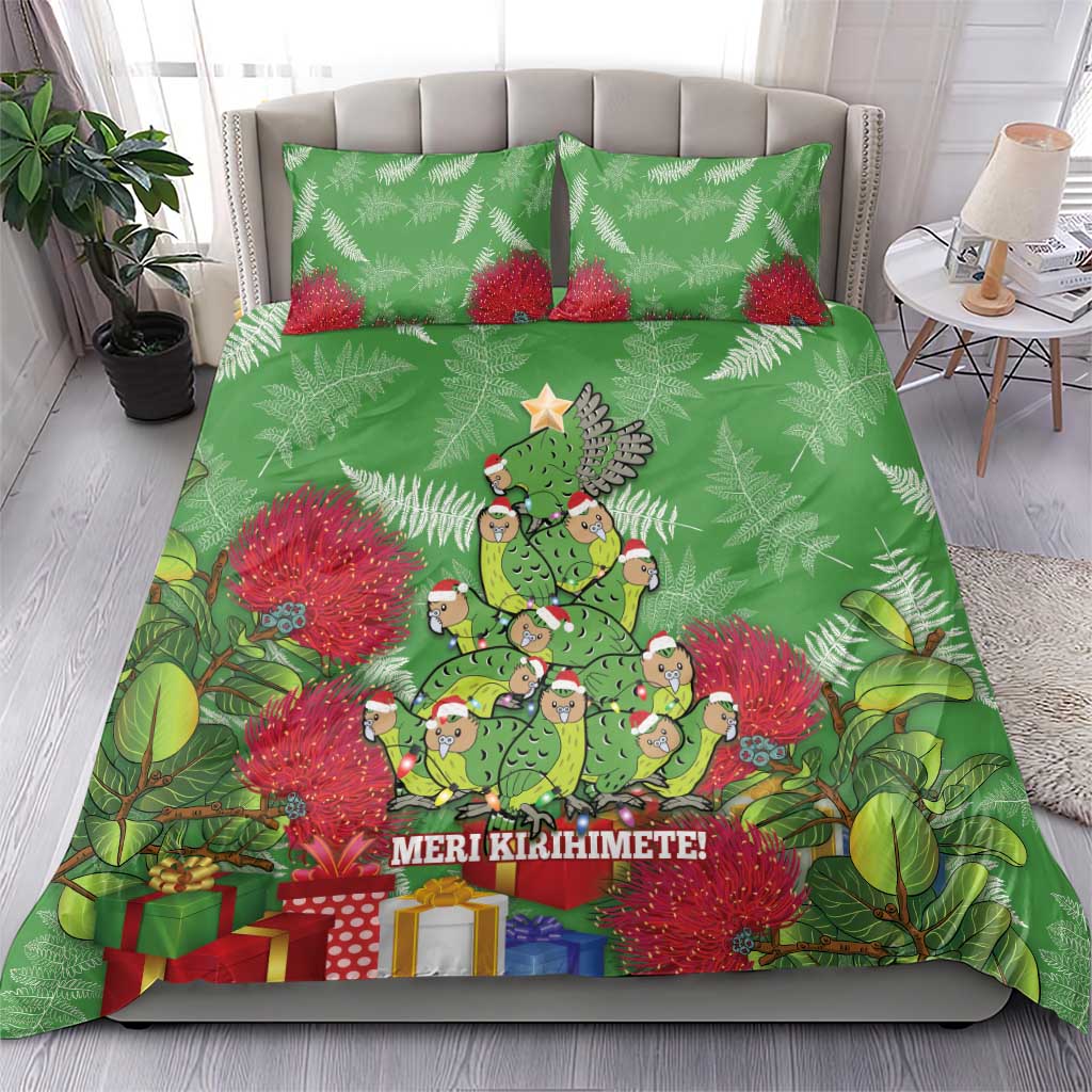 Kakapo New Zealand Christmas Bedding Set Meri Kirihimete Pohutukawa - Green Color - Vibe Hoodie Shop