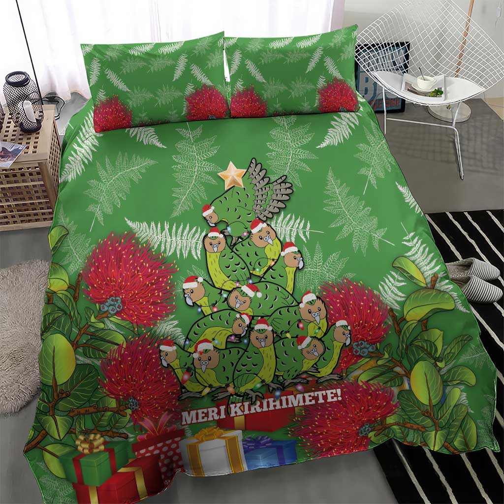 Kakapo New Zealand Christmas Bedding Set Meri Kirihimete Pohutukawa - Green Color - Vibe Hoodie Shop