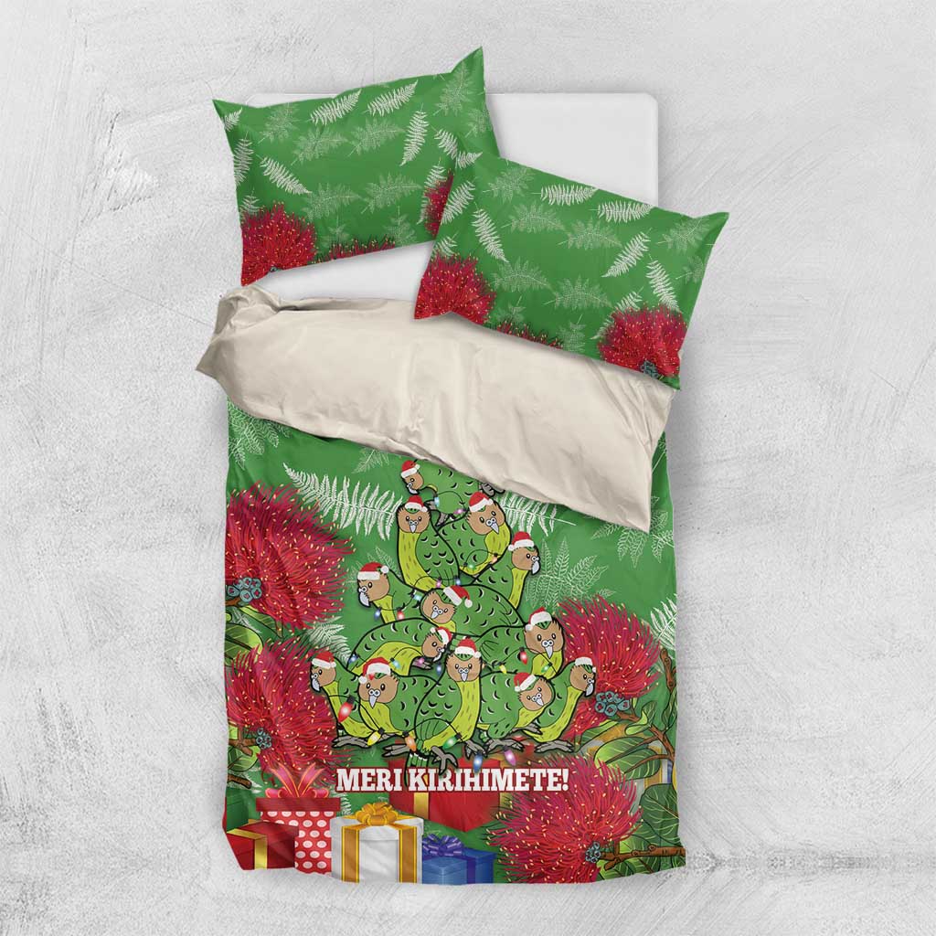 Kakapo New Zealand Christmas Bedding Set Meri Kirihimete Pohutukawa - Green Color - Vibe Hoodie Shop