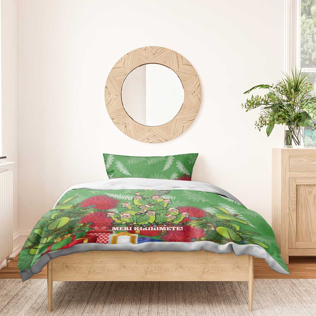Kakapo New Zealand Christmas Bedding Set Meri Kirihimete Pohutukawa - Green Color - Vibe Hoodie Shop