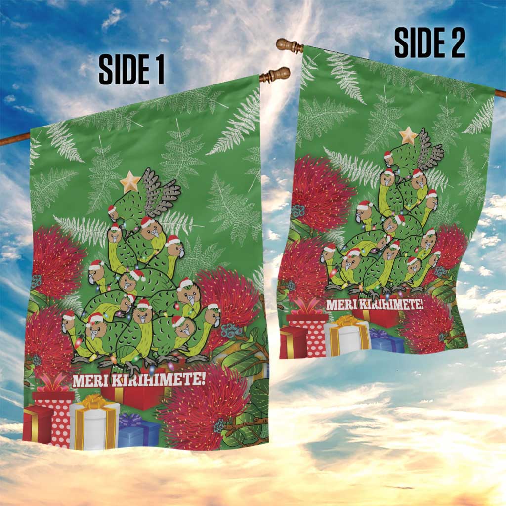 Kakapo New Zealand Christmas Garden Flag Meri Kirihimete Pohutukawa - Green Color - Vibe Hoodie Shop