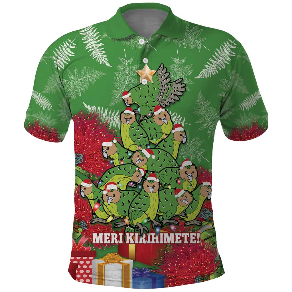 Kakapo New Zealand Christmas Polo Shirt Meri Kirihimete Pohutukawa - Green Color - Vibe Hoodie Shop