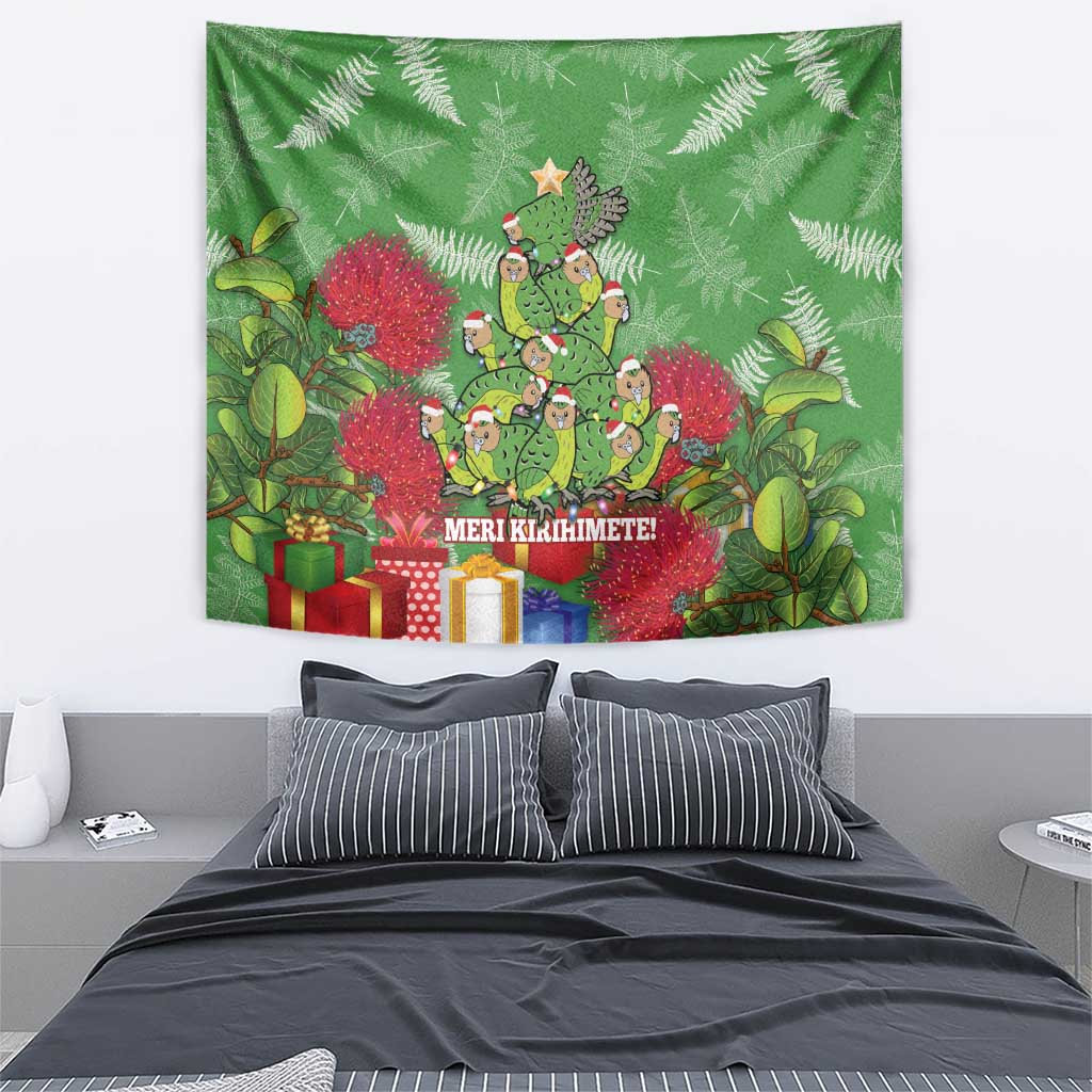 Kakapo New Zealand Christmas Tapestry Meri Kirihimete Pohutukawa - Green Color - Vibe Hoodie Shop