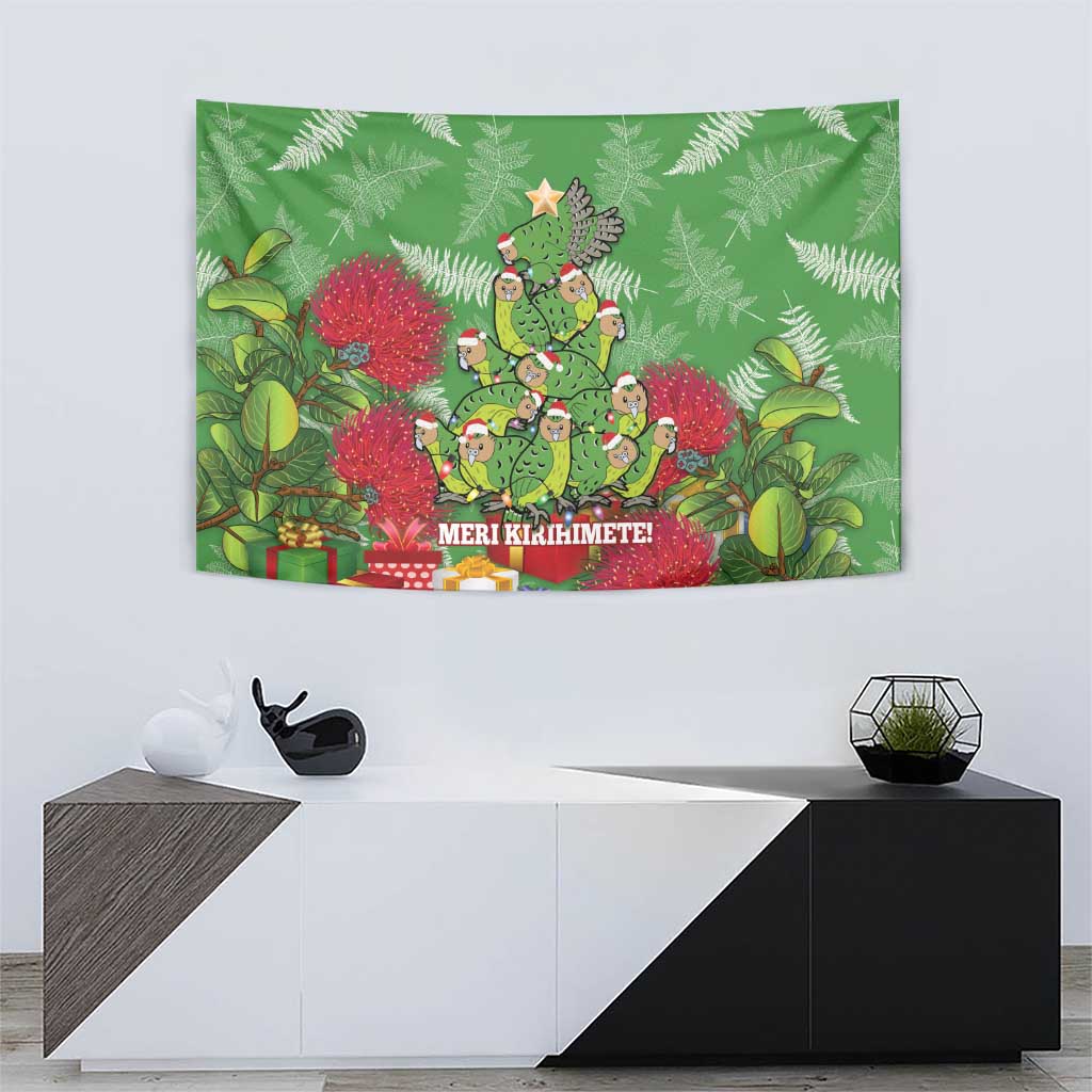 Kakapo New Zealand Christmas Tapestry Meri Kirihimete Pohutukawa - Green Color - Vibe Hoodie Shop