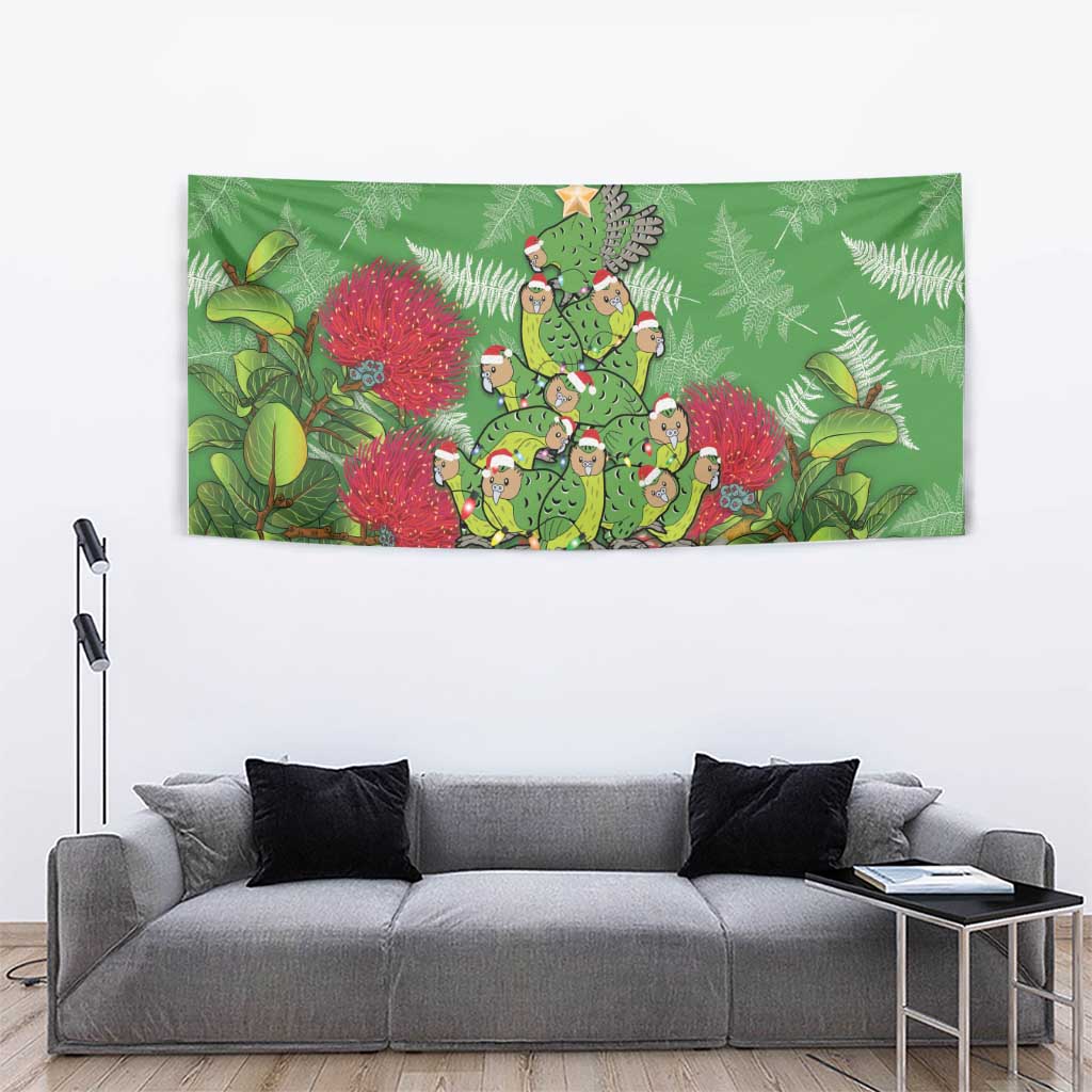 Kakapo New Zealand Christmas Tapestry Meri Kirihimete Pohutukawa - Green Color - Vibe Hoodie Shop